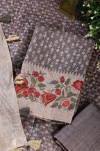 Grey Tussar Cotton Printed And Floral Embroidered Unstiched Suit Material