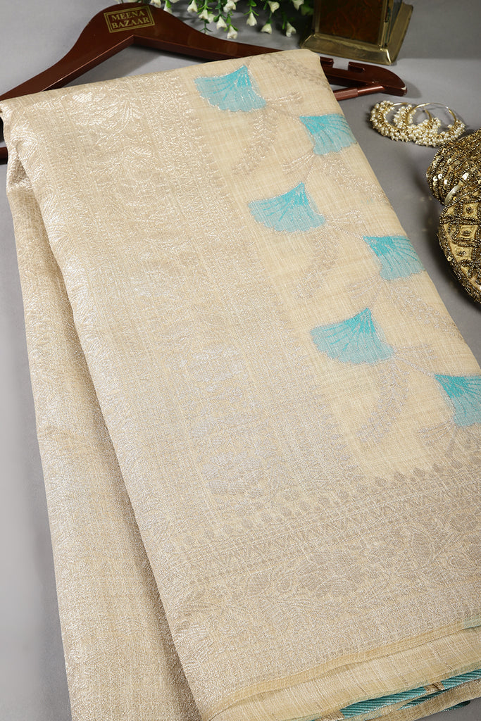 Beige & Turquoise Color Chanderi Cotton Zari Woven Saree