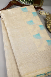 Beige & Turquoise Color Chanderi Cotton Zari Woven Saree
