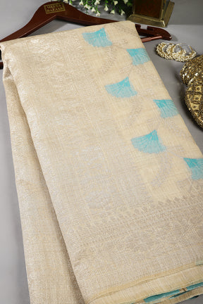 Beige & Turquoise Color Chanderi Cotton Zari Woven Saree