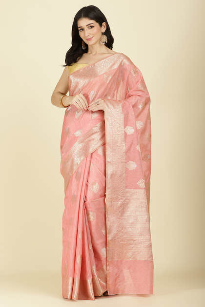 Peach Cotton Zari Woven Saree
