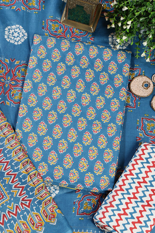 Blue Poplin Cotton Printed Unstitched Suit Material