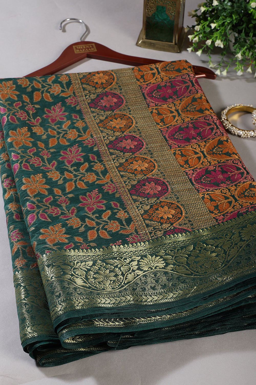 Bottle Green Colour Tussar Woven Silk Saree