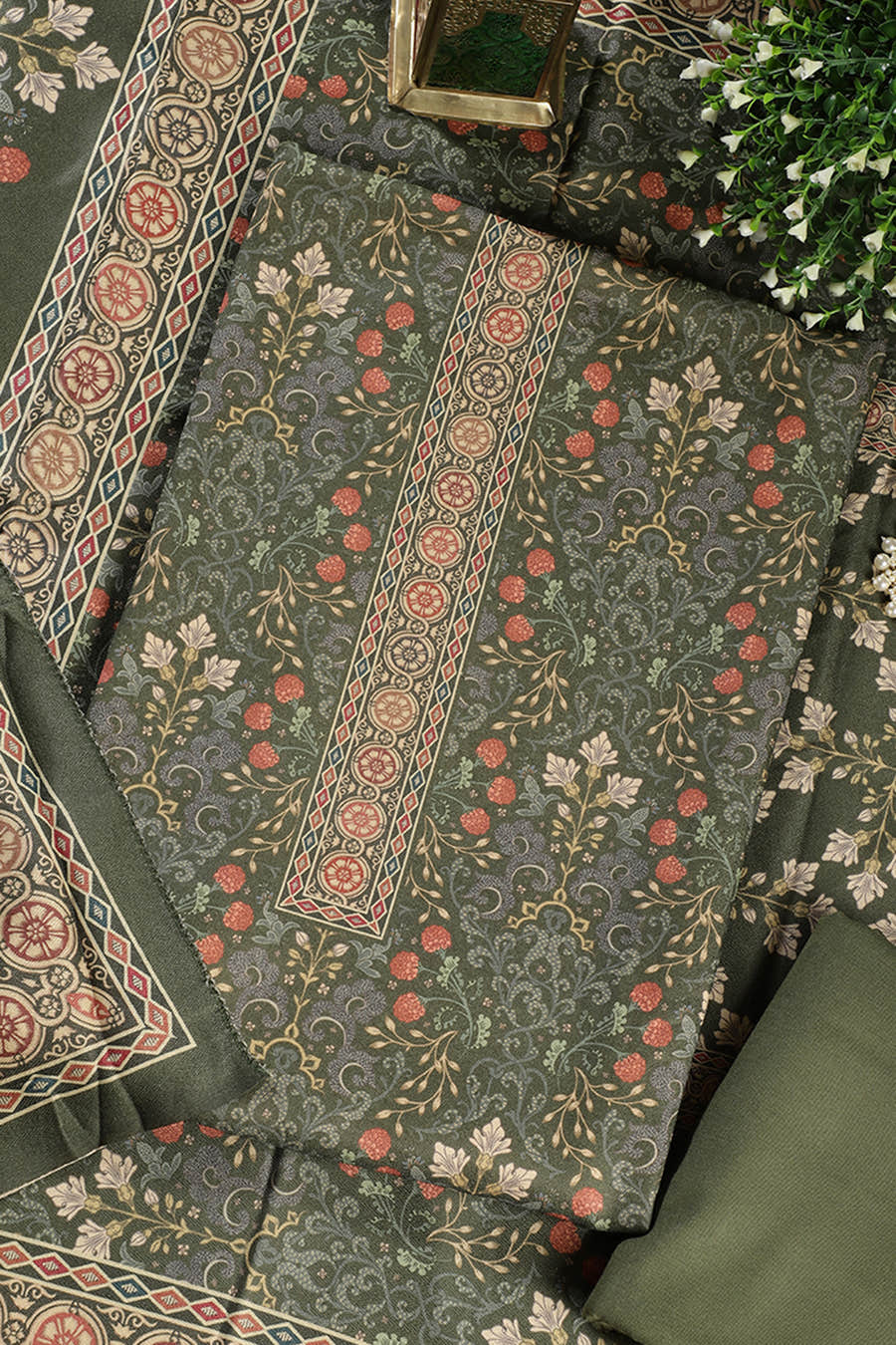 Green Digital Printed Pashmina Unstitched Suit Fabric