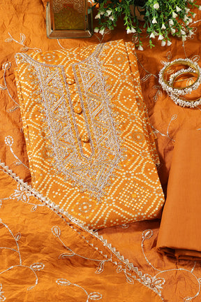 Mustard Cotton Bandhani Printed And Neck Embroidered Unstitched Suit