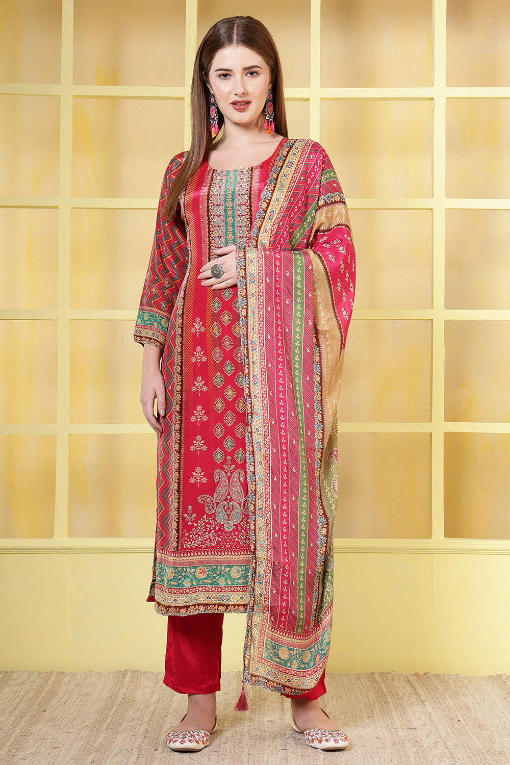 Magenta Crepe Silk Printed Straight Suit
