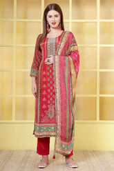 Magenta Crepe Silk Printed Straight Suit