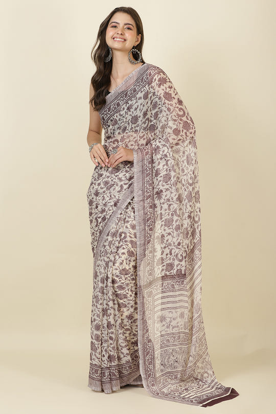 White & Wine Georgette Floral Printed Saree