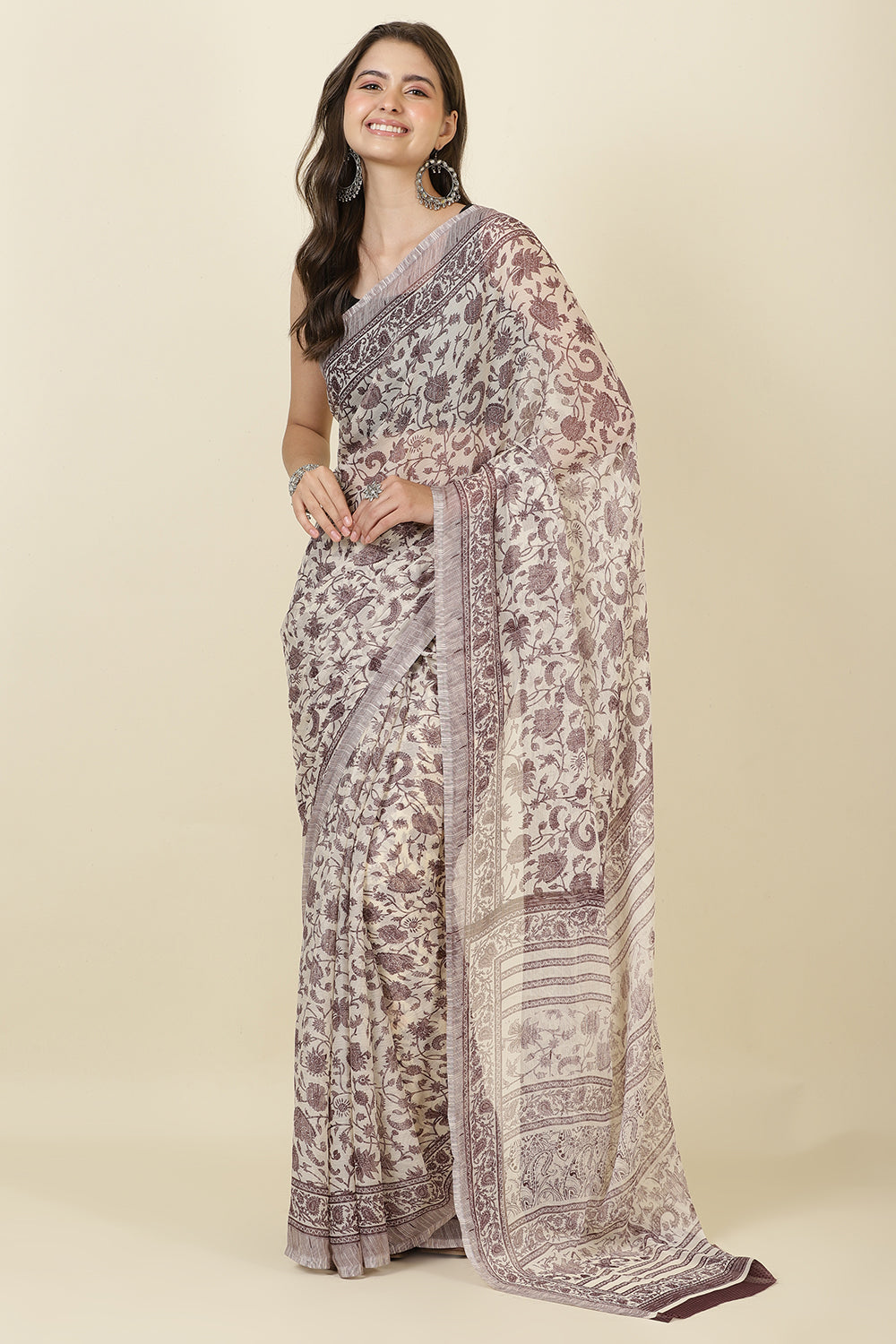 White & Wine Georgette Floral Printed Saree
