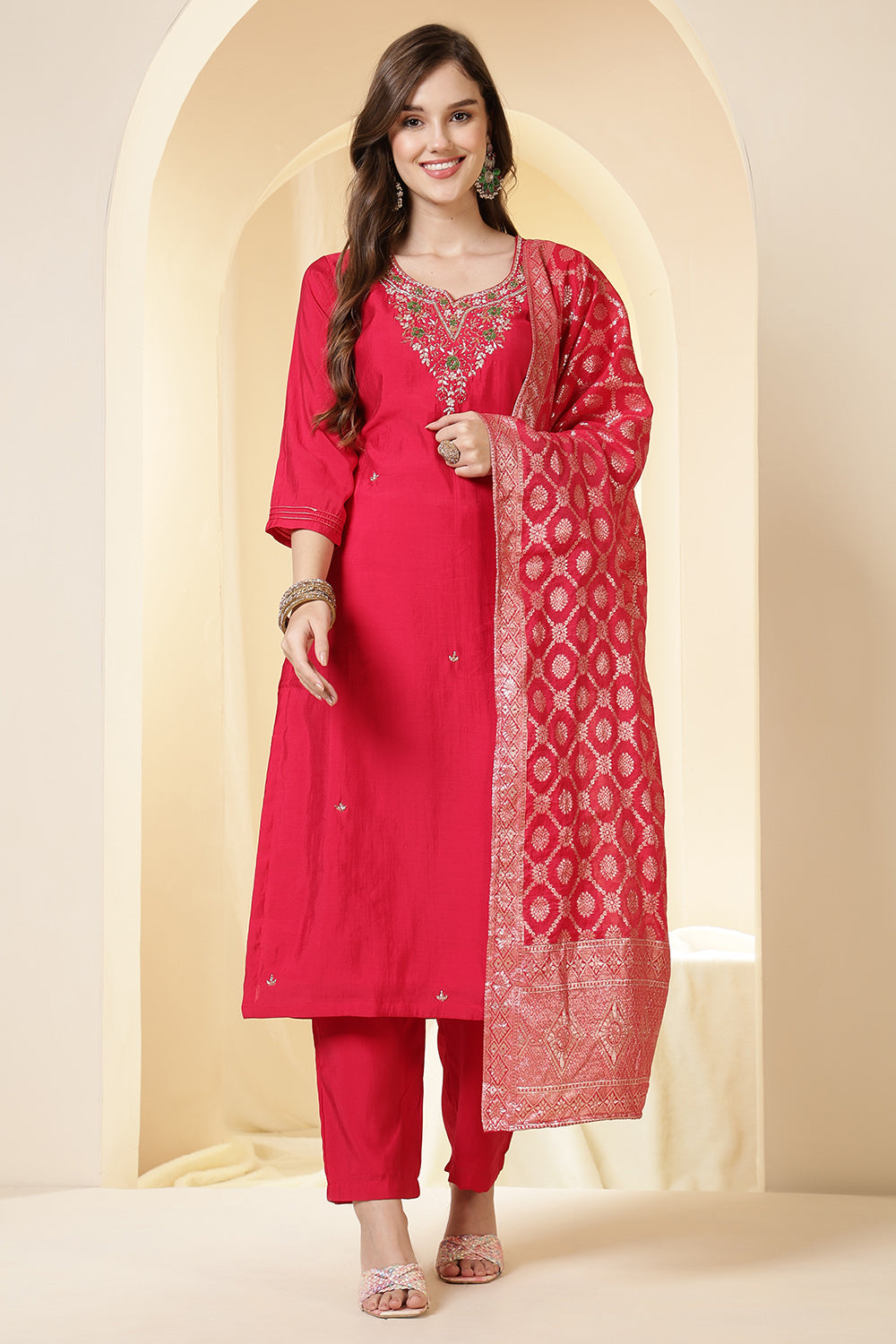 Fushia Pink Color Silk Neck Embroidered Suit Set
