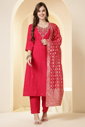 Fushia Pink Color Silk Neck Embroidered Suit Set