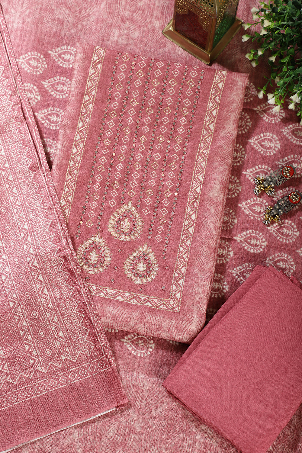 Dusty Pink Chanderi Silk Mirror Worked Unstitched Suit Material