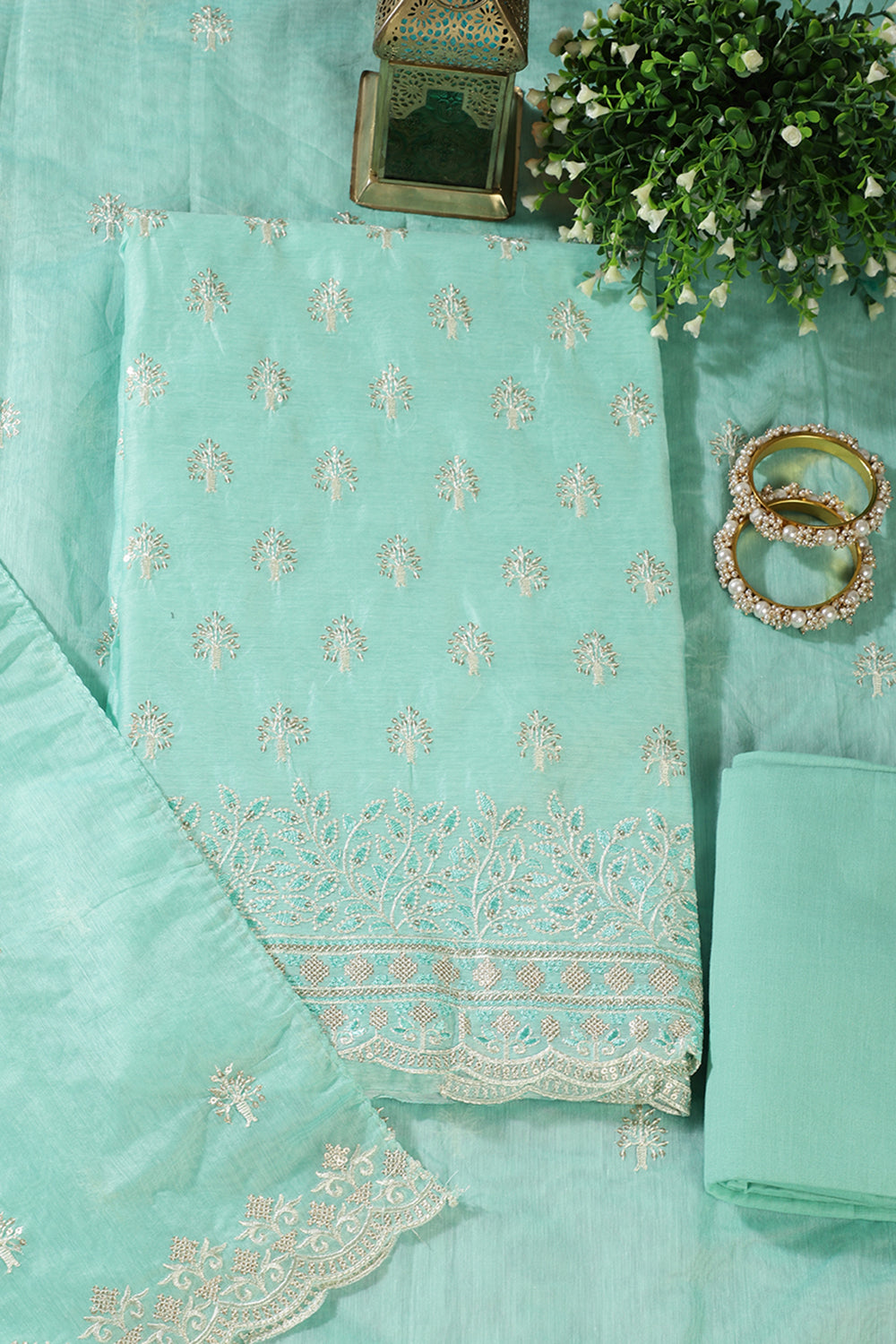 Mint Green Chanderi Silk Embroidered Unstitched Suit Material