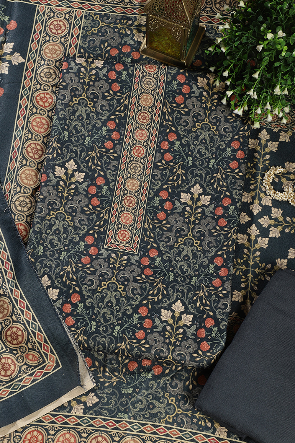 Blue Digital Printed Pashmina Unstitched Suit Fabric