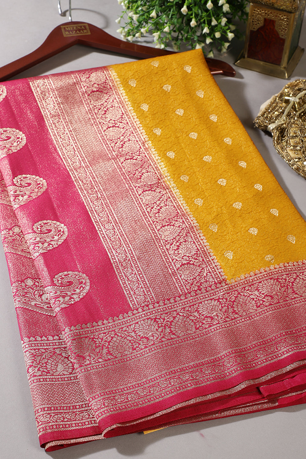 Mustard & Magenta Dual Toned Soft Silk Zari Woven Saree