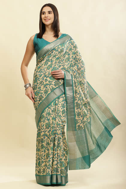 Beige & Teal Cotton Silk Floral Printed Saree