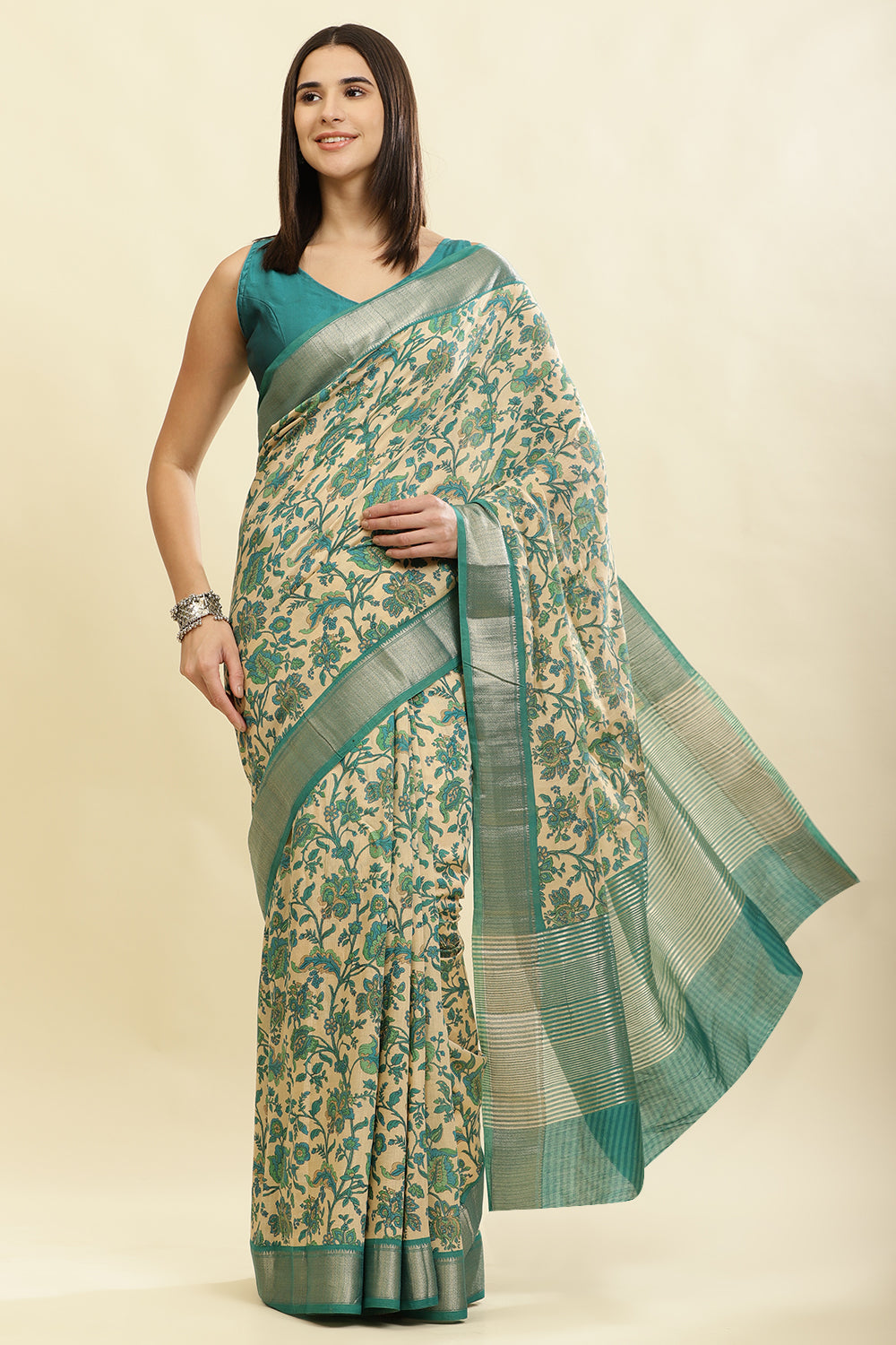Beige & Teal Cotton Silk Floral Printed Saree