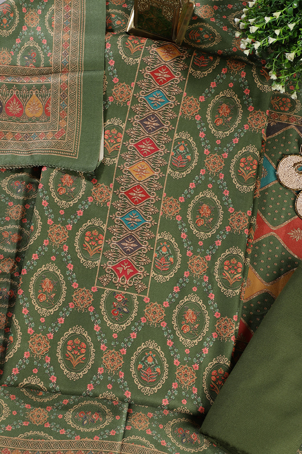 Green Pashmina Digital Printed Unstitched Suit Material