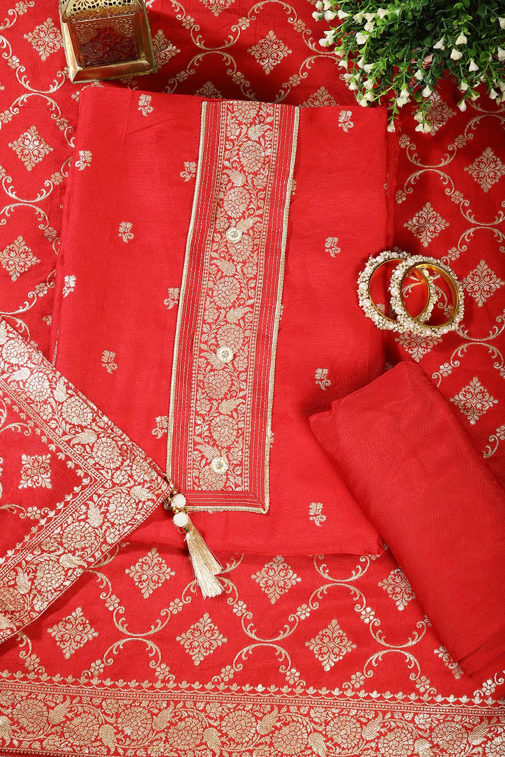 Red Color Crepe Silk Woven Unstitched Suit Material