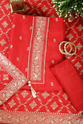 Red Color Crepe Silk Woven Unstitched Suit Material