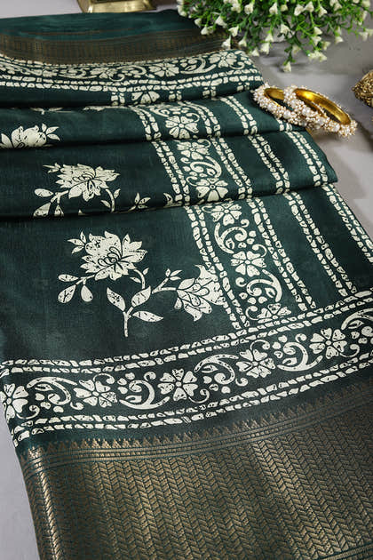 Bottle Green Color Cotton Silk Block Printed Saree
