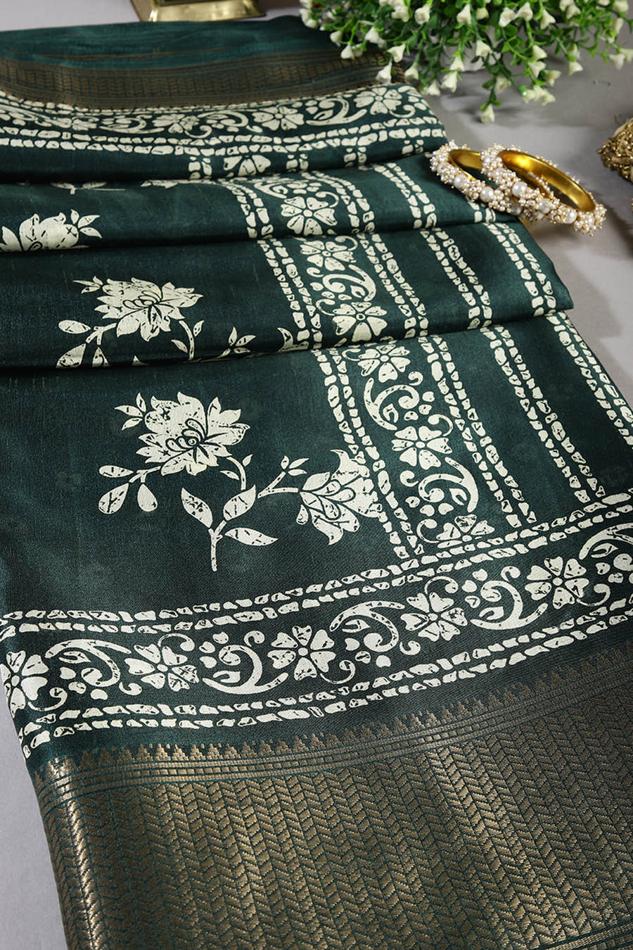Bottle Green Color Cotton Silk Block Printed Saree