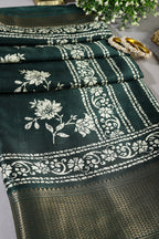 Bottle Green Color Cotton Silk Block Printed Saree