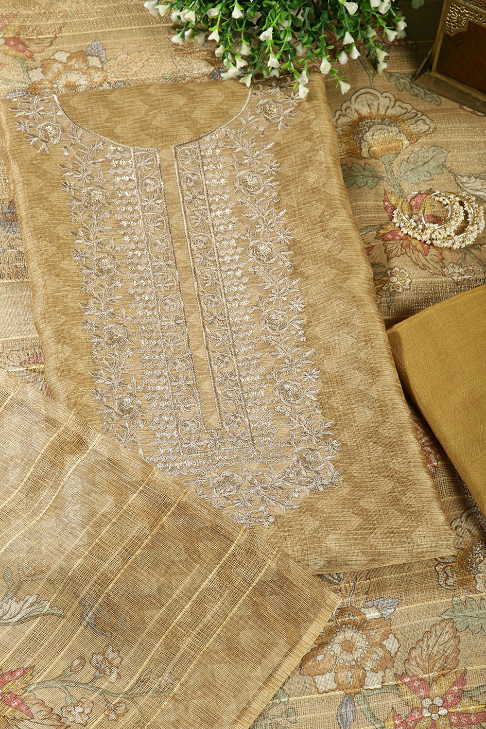 Golden Color Mantellic Tissue Neck Embroidered Unstitched Suit Fabric
