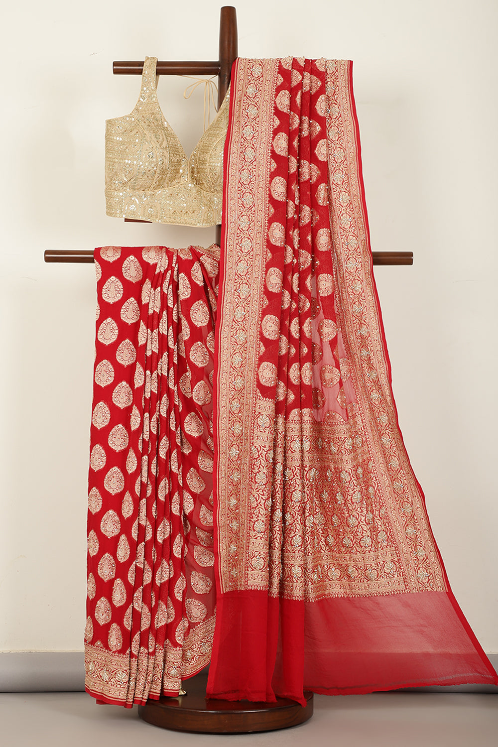 Red Pure Khaddi Georgette Banarasi Saree with Zardozi Handwork