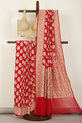 Red Pure Khaddi Georgette Banarasi Saree with Zardozi Handwork