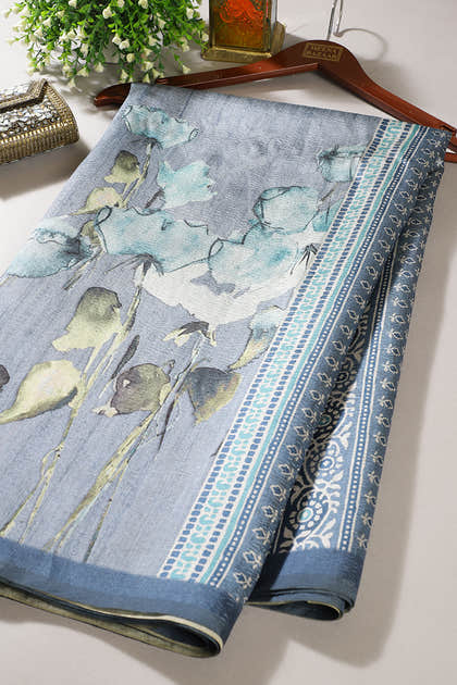 Bluish Grey Floral Printed Tussar Silk Saree