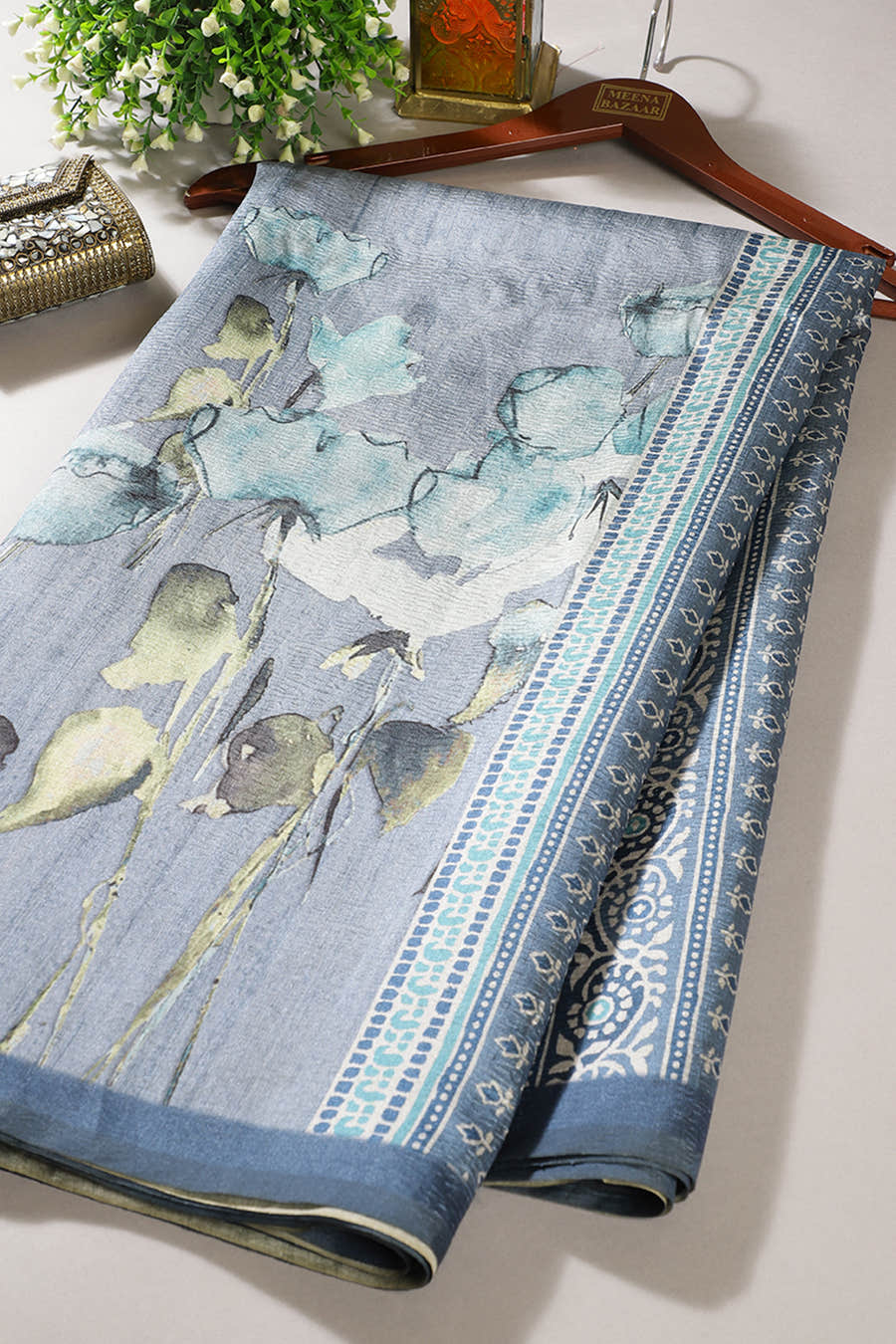 Bluish Grey Floral Printed Tussar Silk Saree