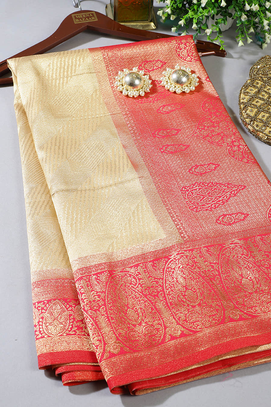 Beige & Red Brocade Silk Zari Woven Saree