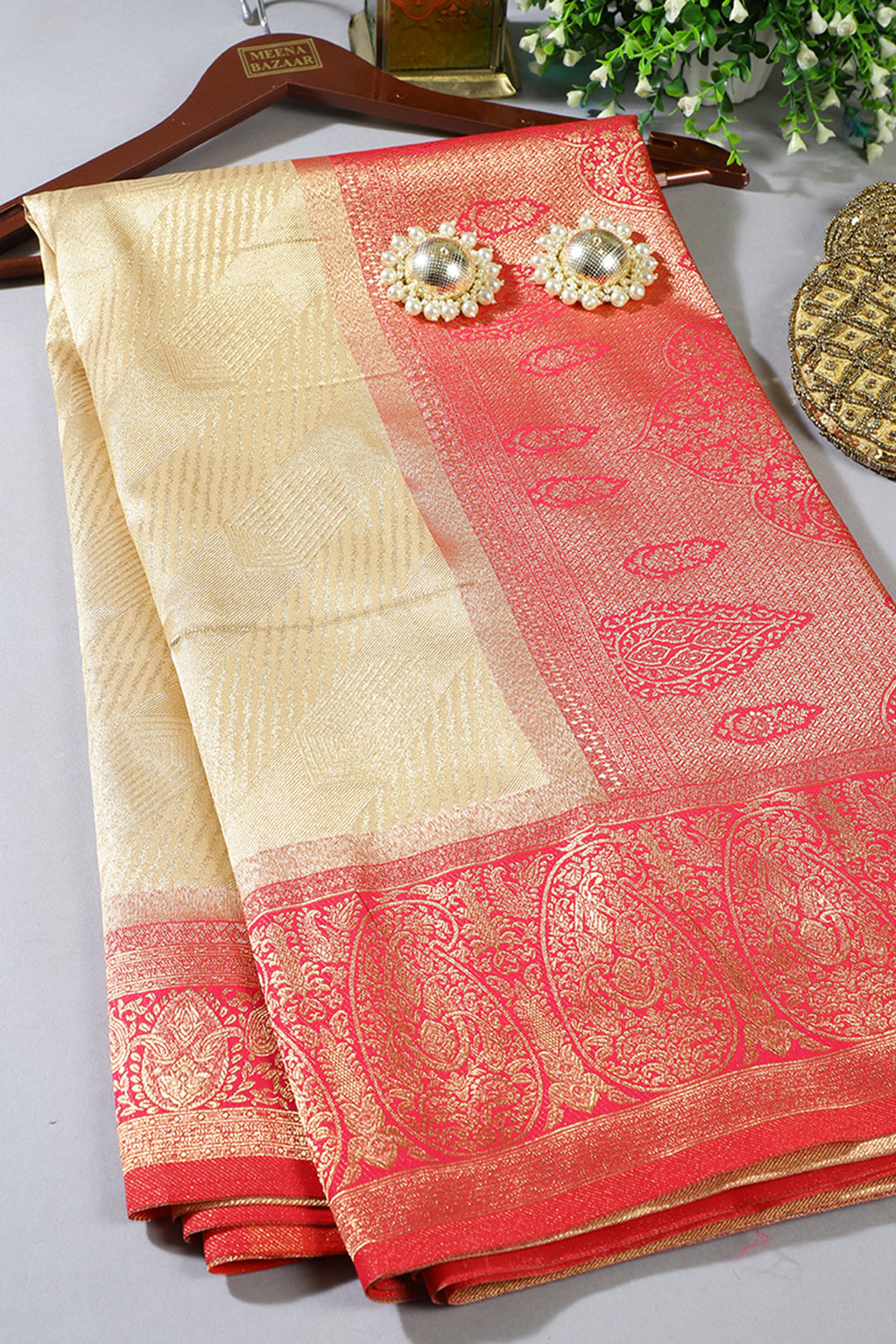 Beige & Red Brocade Silk Zari Woven Saree