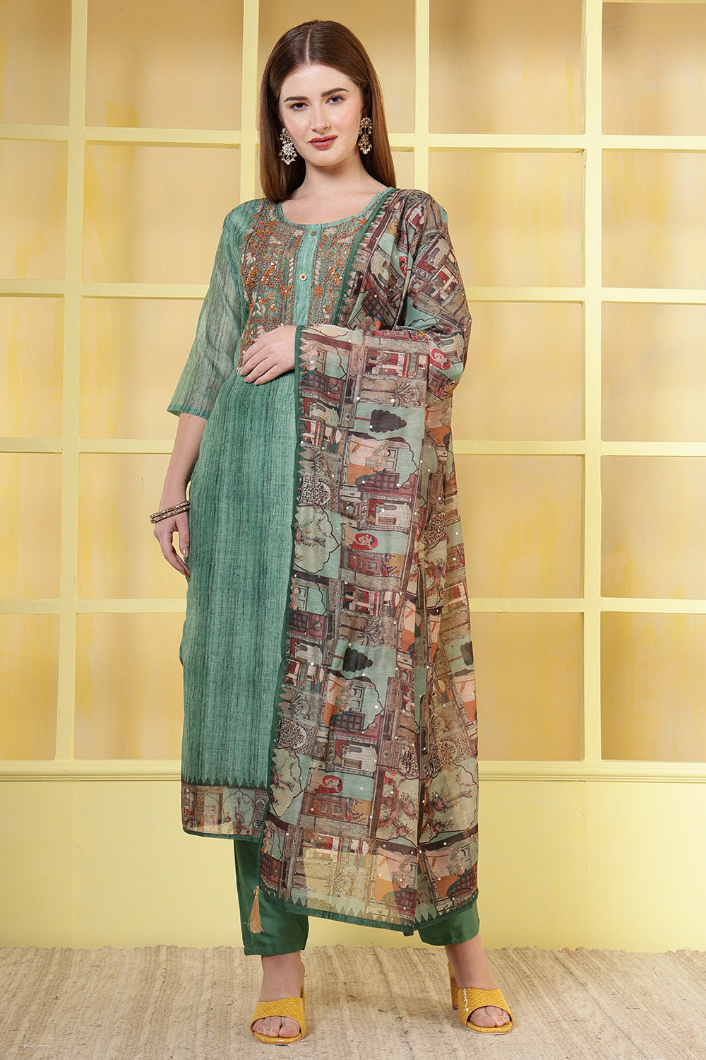 Green Chanderi Neck-Embroidered Straight Suit