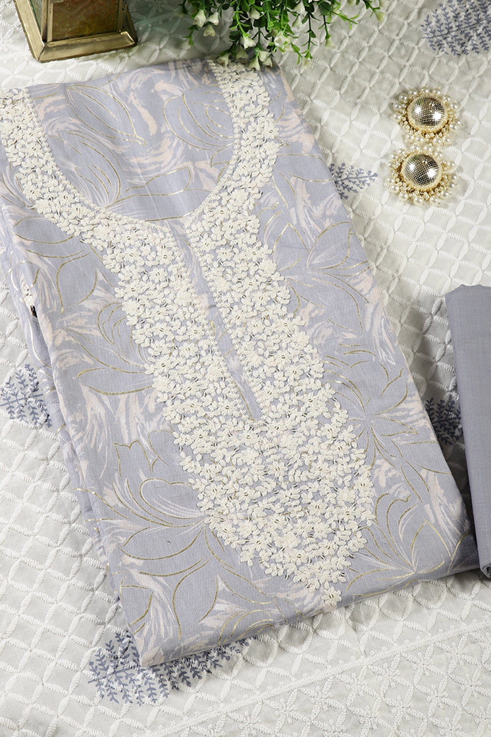 Grey Colour Cotton Printed & Resham Neck Embroidered Unstitched Suit