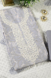 Grey Colour Cotton Printed & Resham Neck Embroidered Unstitched Suit