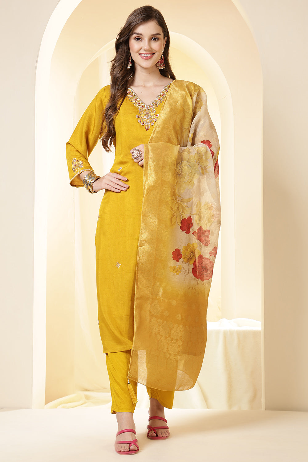 Mustard Color Silk Suit Set With Neck Embroidered & Floral Printed Dupatta