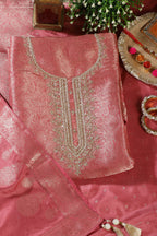 Peach Silk Zari Woven And Embroidered Unstitched Suit Material