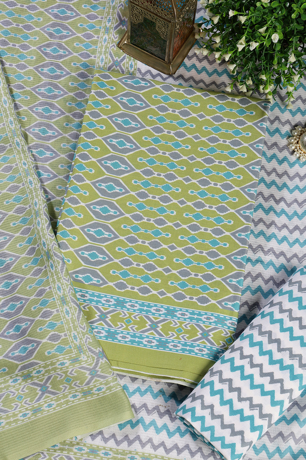 Green Malmal Cotton Printed Unstitched Suit Material