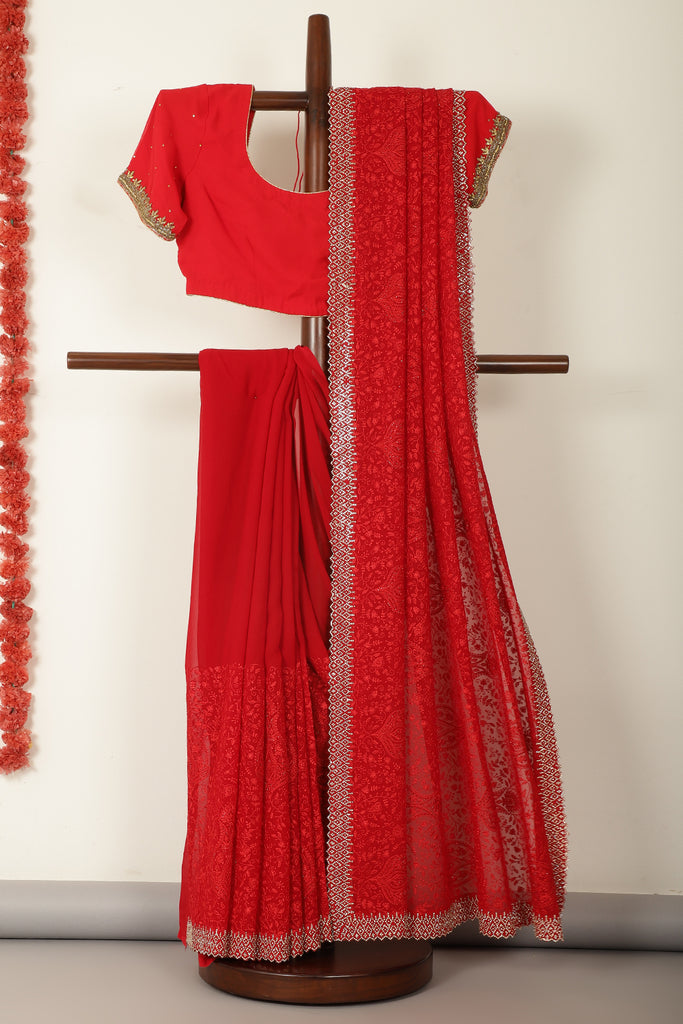 Red Georgette Resham Floral Jal Woven And Swarovski Work Saree