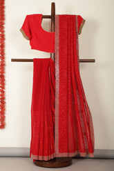 Red Georgette Resham Floral Jal Woven And Swarovski Work Saree