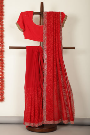 Red Georgette Resham Floral Jal Woven And Swarovski Work Saree