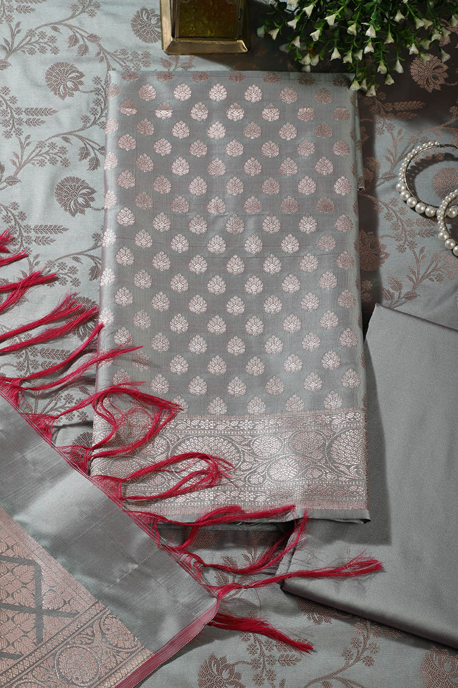 Sea Green Silk Buta Motifs Woven Unstitched Suit Fabric