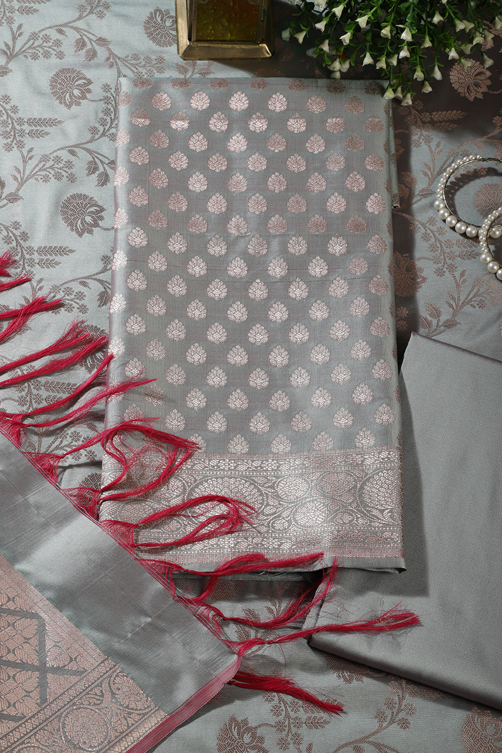 Sea Green Silk Buta Motifs Woven Unstitched Suit Fabric