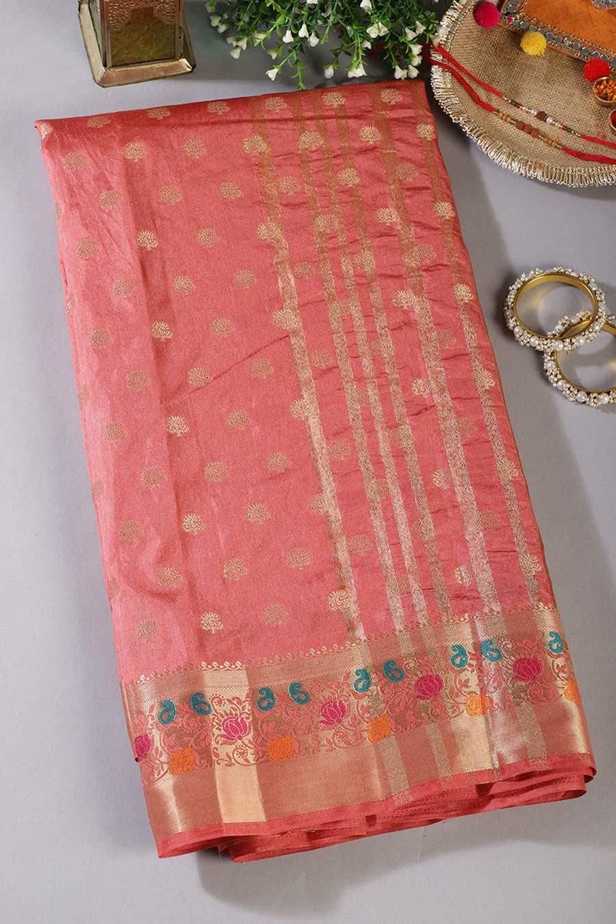 Peach Resham & Zari Woven Silk Saree