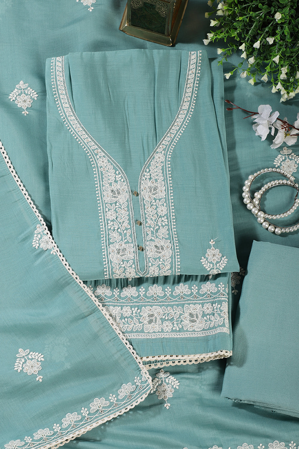 Sea Green Muslin Resham Embroidered Unstitched Suit Material