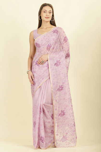 Lavender Floral Resham Embroidered Cotton Saree