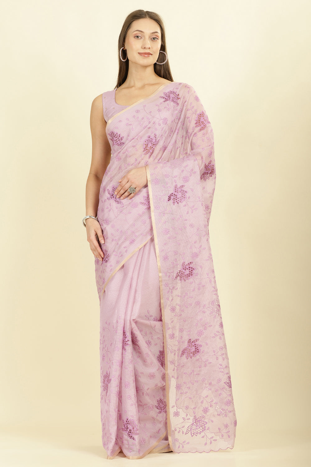 Lavender Floral Resham Embroidered Cotton Saree
