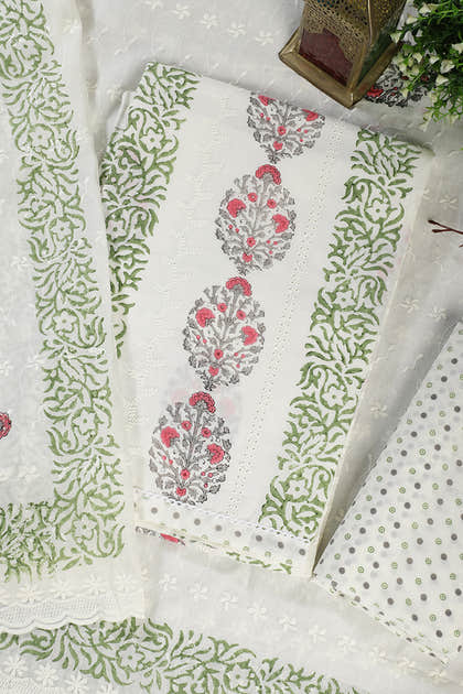 Cream & Green Printed And Resham Embroidered Unstitched Suit Fabric